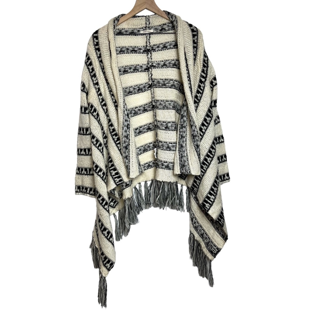 Cozy Casual Knit Sweater Womens Small Long Sleeve Waterfall Tassel Black White - Picture 1 of 7